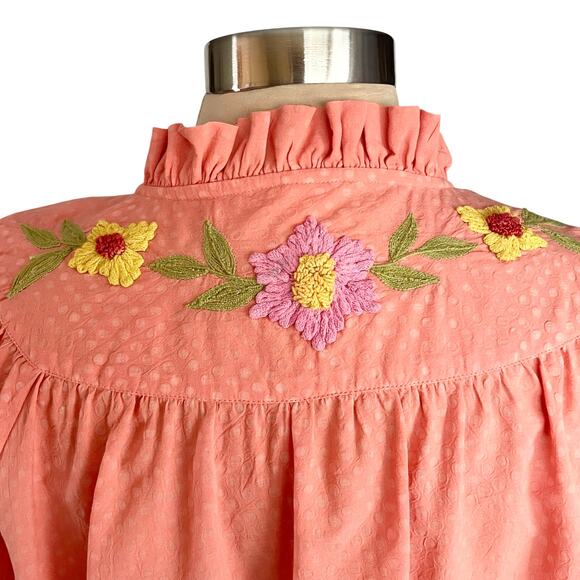 Ivy Jane Button Down Boho Top MED Floral Embroidered Ruffled Bell Sleeve Cottage - Picture 7 of 10